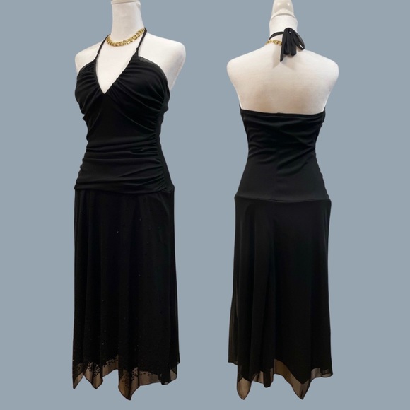 Black Formal Dress Sequins and Ruched Halter Top Formal Cocktail Wedding Prom - Picture 1 of 10
